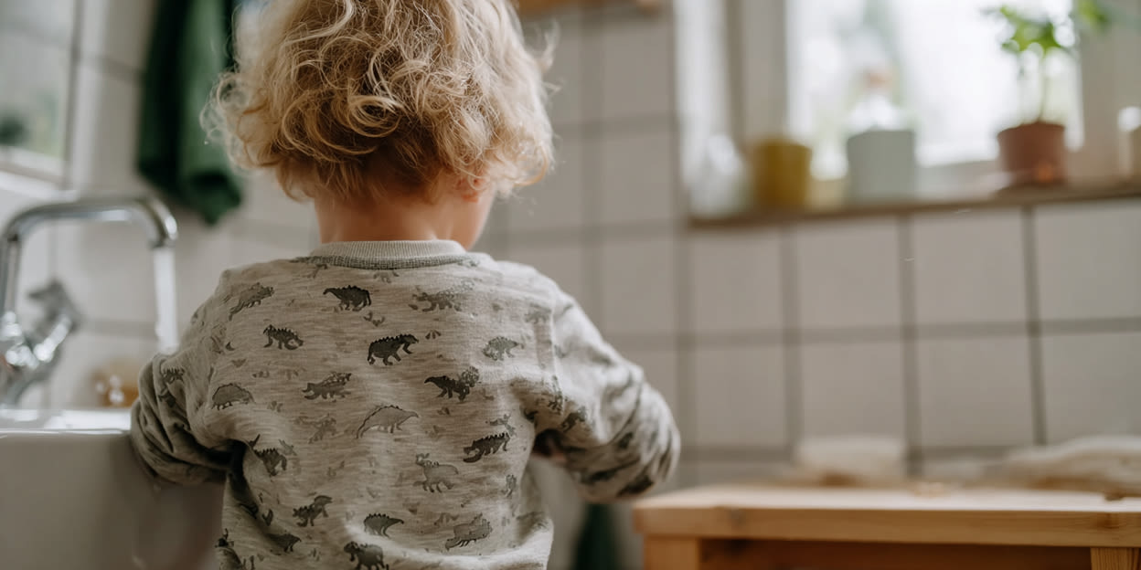 Ett litet barn är i badrummet och tvättar händerna. 