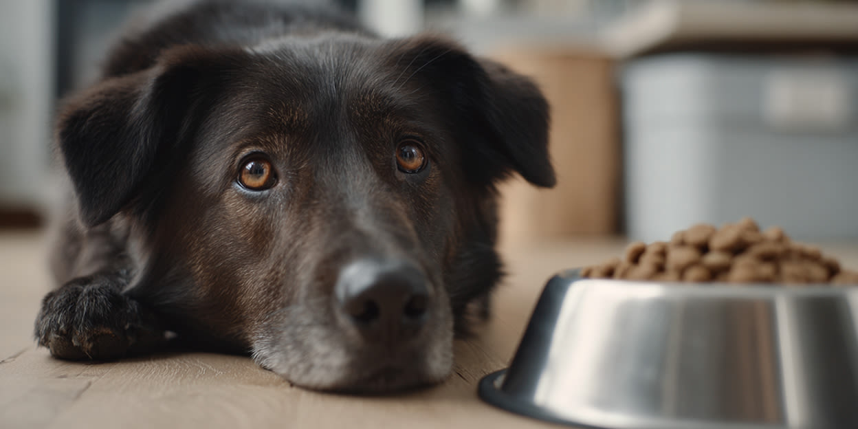 Hund bredvid en matskål med hundfoder. Bilden är delvis skapad med AI.