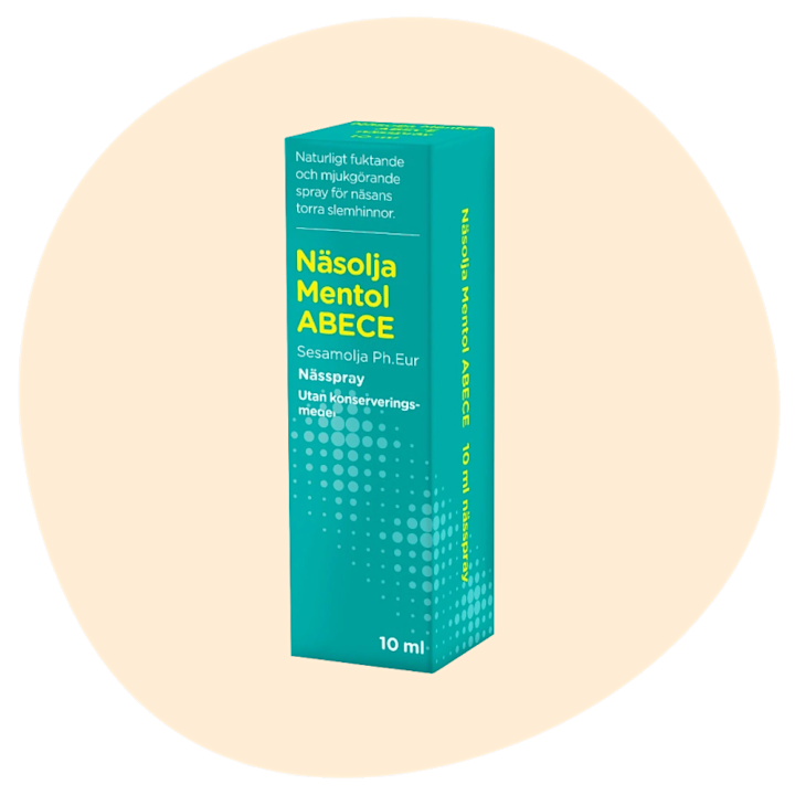 Förpackning av Näsolja Mentol ABECE nässpray med text om naturligt fuktande och mjukgörande spray för näsans torra slemhinnor, utan konserveringsmedel, 10 ml.