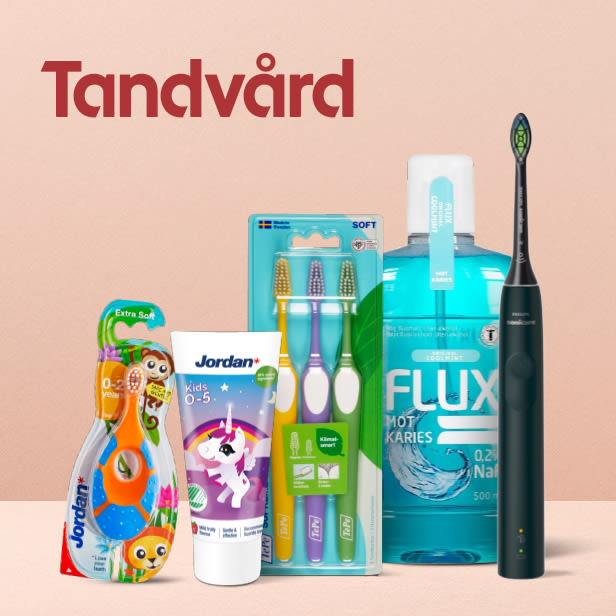 Olika tandvårdsprodukter inklusive barn- och vuxentandborstar, tandkräm för barn 0-5 år och munskölj i en rad framför en beige bakgrund med texten "Tandvård" ovanför.