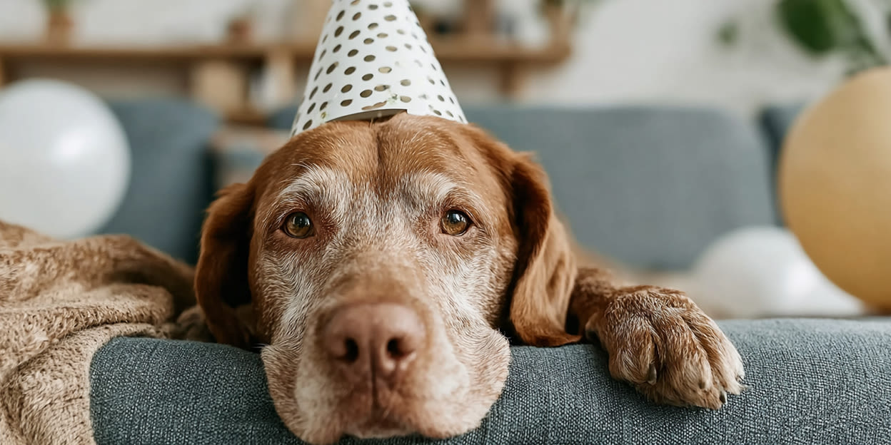 En hund sitter i en soffa med en partyhatt på.