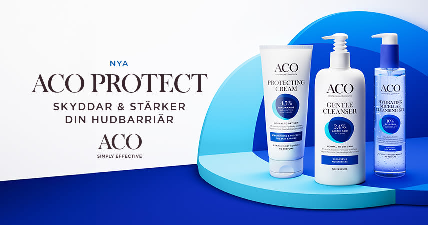 Tre produkter från ACO Protect med texten nya apo protect skyddar och stärker din hudbarriär.