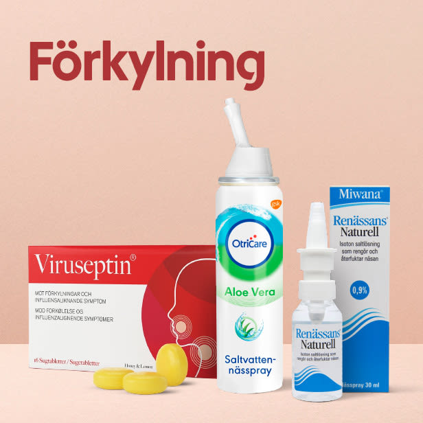 Förkylningsmedel Viruseptin sugtabletter, OtriCare Aloe Vera saltvattenspray och Renässans Naturell nässpray stående på ljus bakgrund.